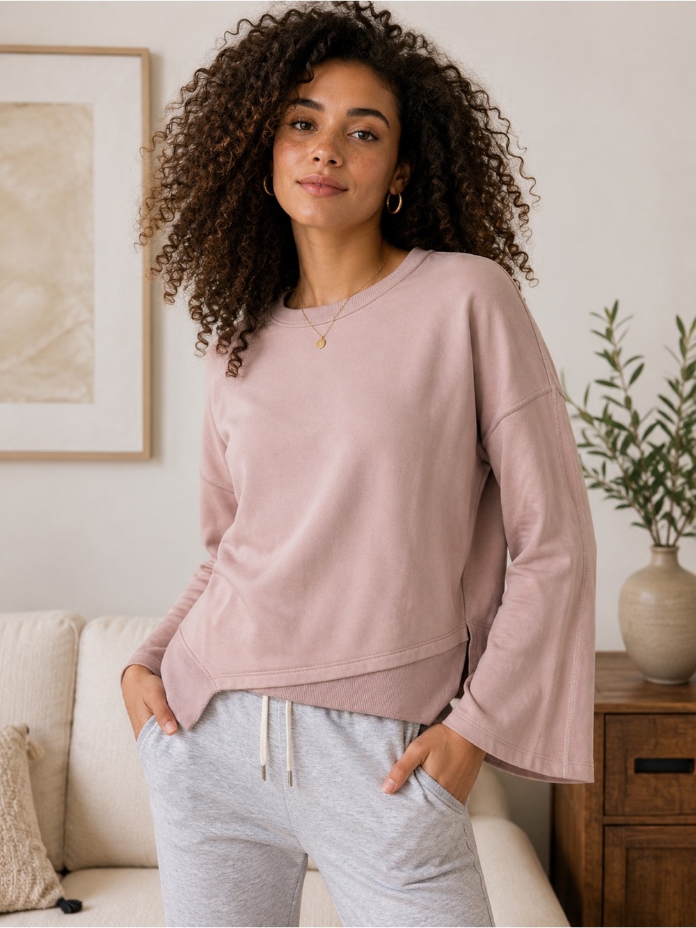 Tahari Sport Bell Sleeve Asymmetrical Sweatshirt Top  🤍Blush Beige